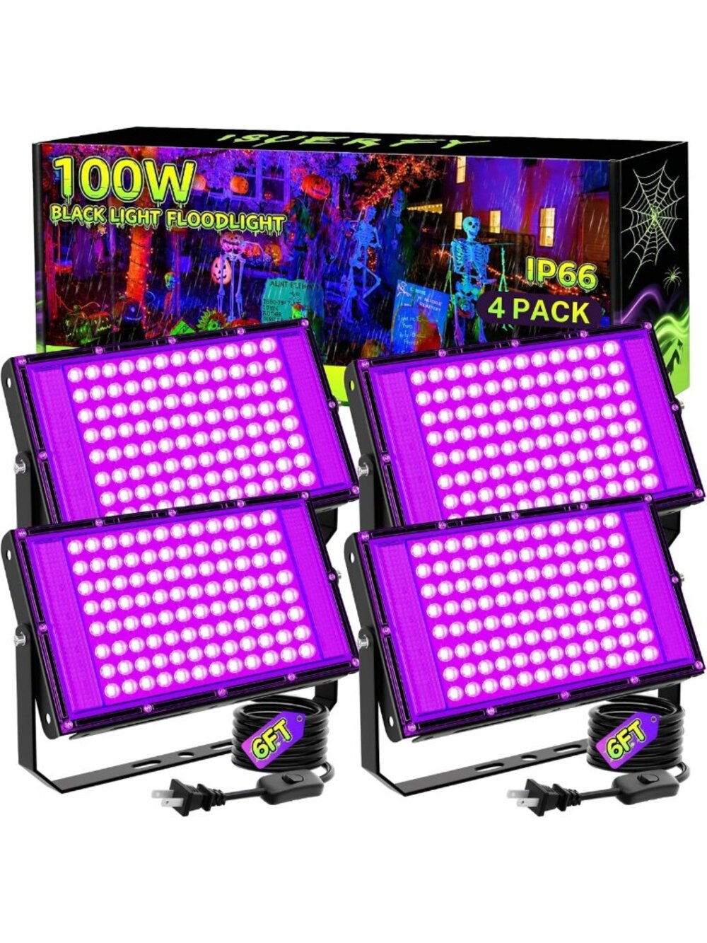 4 Pack 100W Waterproof Black Lights for Halloween Glow Parties & Events